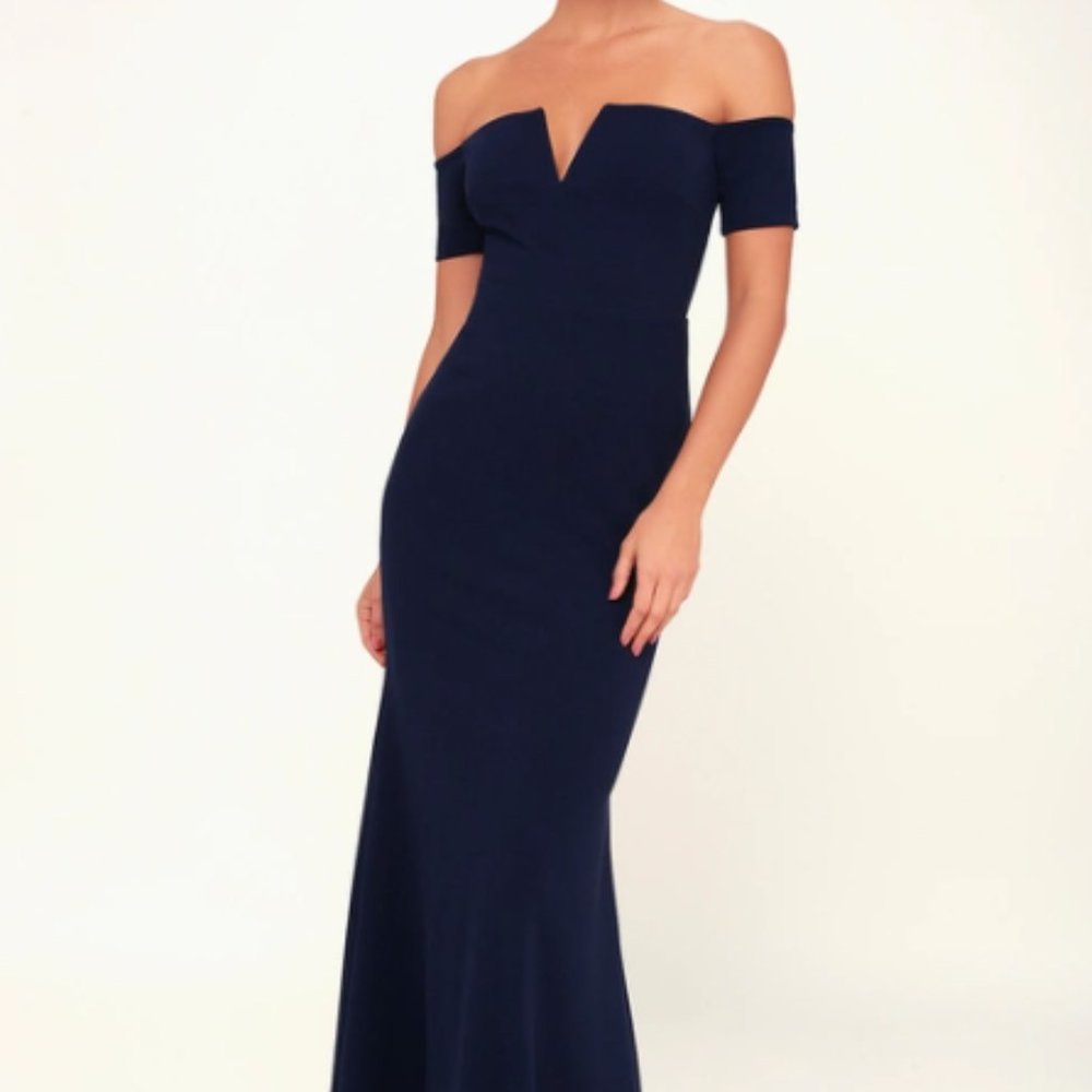 Navy Blue Off-the-Shoulder Maxi Dress